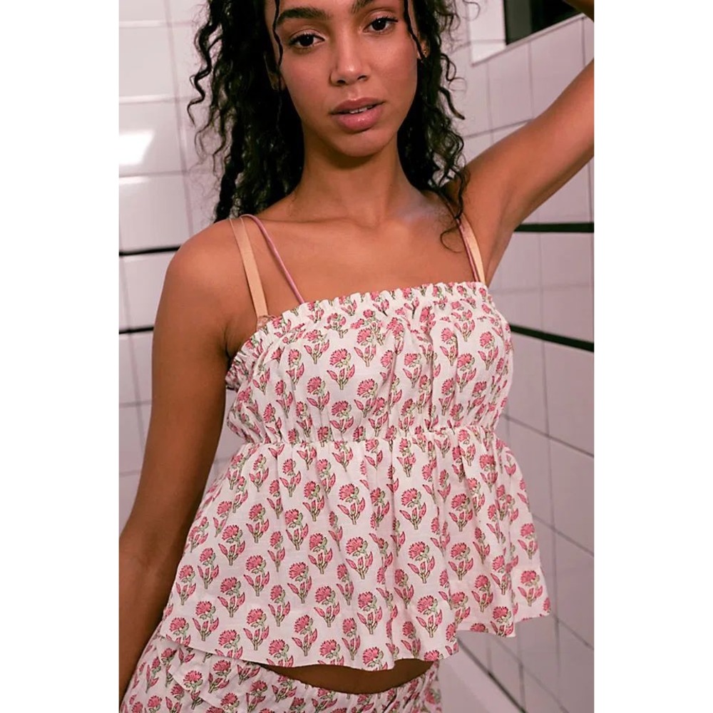 Reverie by NFC Floral Buti Babydoll Camisole Top Rose Tyrie Pink White Large NWT